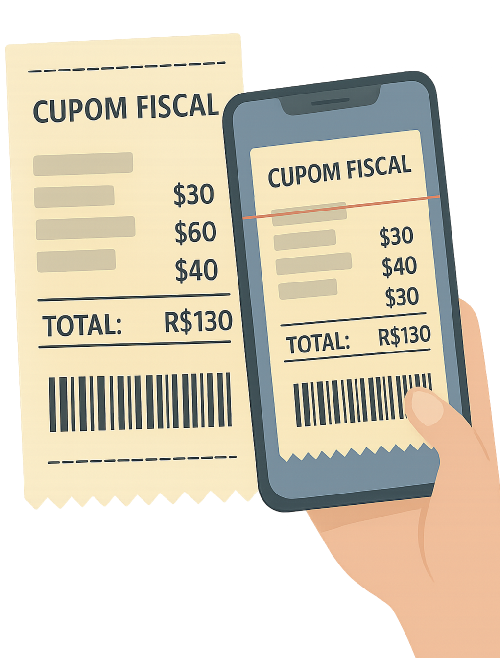 Ilustração de celular escaneando cupom fiscal para controle financeiro com IA do Bolso Flow. Ilustração de celular escaneando cupom fiscal para controle financeiro com IA do Bolso Flow.